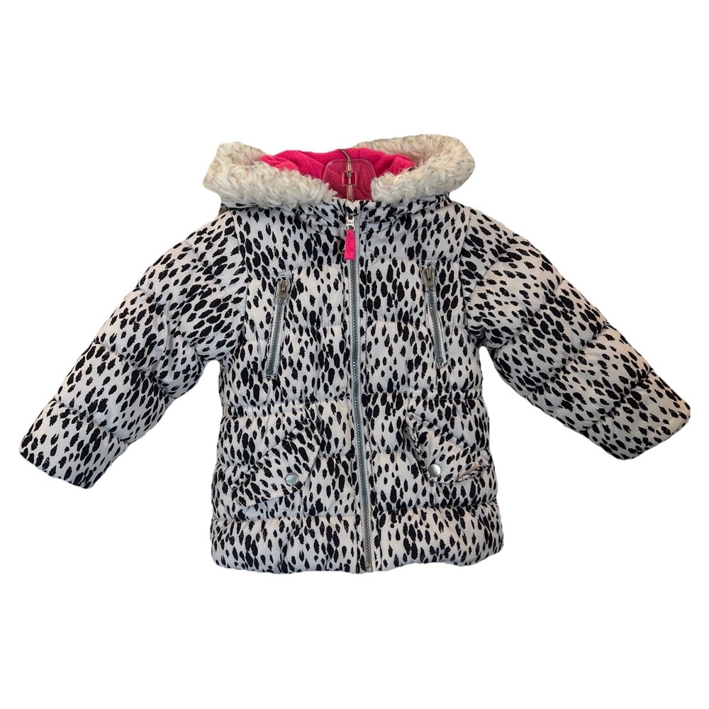Carter's Puffer Coat Girls 4T Animal Print Fur Hood Black White Pink Lining